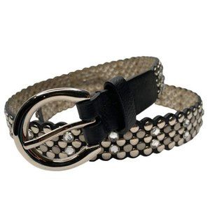 Black Leather Silver Studded Belt Crystals Scalloped Edged Silver Buckle Size S